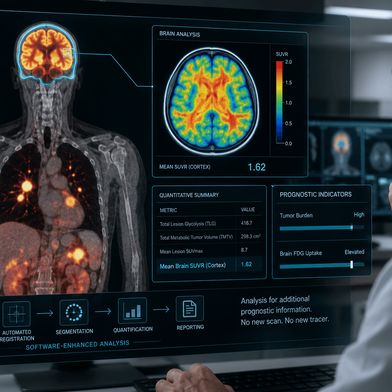 Automatisierte PET/CT-Auswertung: Zusätzlich zur Tumorlast lässt sich auch die FDG-Aufnahme des Gehirns quantifizieren. So könnten bereits vorhandene Bilddaten einen weiteren Prognosemarker liefern – ohne zusätzlichen Scan oder Radiotracer.
 (Bild: Guido Deußing / KI-generiert)