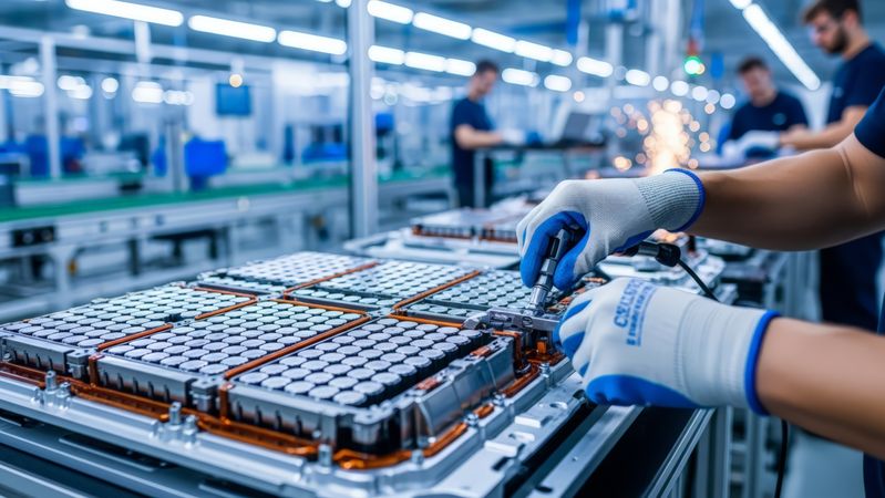 Je nach Einsatzbereich, z.B. im Elektrofahrzeug, gibt es für das Wärmemanagement der Batteriepacks sehr unterschiedliche Anforderungen. Im Bild ist der Zusammenbau von Batteriepacks in der Automobilfertigung zu sehen.(Bild:  © River – stock.adobe.com, KI-generiert)