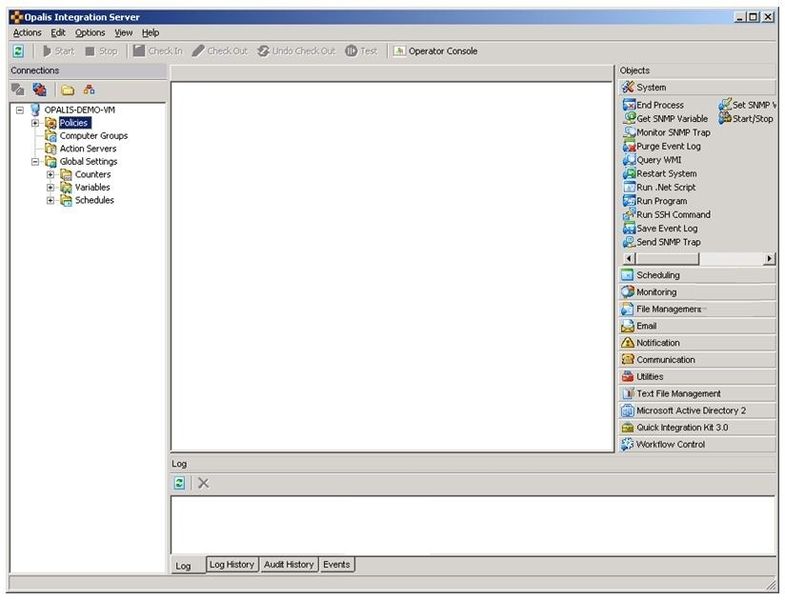 Abbildung 2: Der Opalis Integration Server ist die Schaltzentrale. Sein GUI unterscheidet sich noch etwas vom System Center Look-and-Feel. (Archiv: Vogel Business Media)