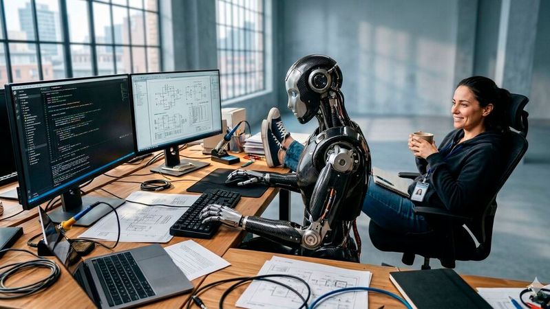 KI verändert den Ingenieursberuf massiv, wenn auch nicht unbedingt so wie hier dargestellt.(Bild:  Nano Banana / KI-generiert)