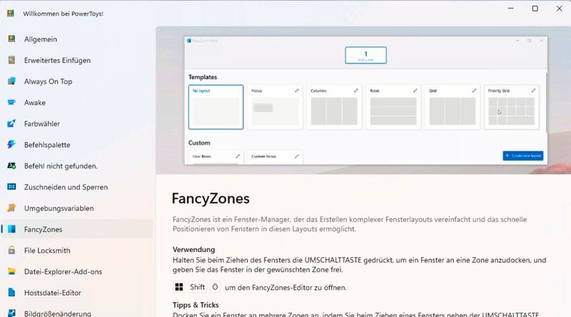 „Powertoys Fancyzones“ vereinfachen im Unternehmenseinsatzdas Erstellen von Fenster-Layouts. (Bild:  Thomas Joos)