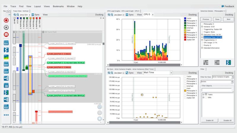 Percepio Tracealyzer visualisiert das Laufzeitverhalten und hilft Entwicklern, Task-Scheduling, Timing und Systemereignisse miteinander in Beziehung zu setzen.(Bild:  Percepio)