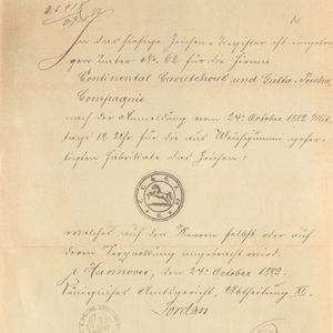 Anmeldung des Continental-Markenzeichens mit dem springenden Pferd für alle Produkte. Urkunde aus dem Jahr 1882.(Bild:  Continental AG)