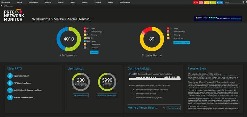 Markus Riedel, Administrator beim 1. FSV Mainz 05 e.V. sieht auf seiner persönlichen PRTG Startseite alle für ihn relevanten Informationen. (Bild: 1. Fußball- und Sportverein Mainz 05 e.V.)
