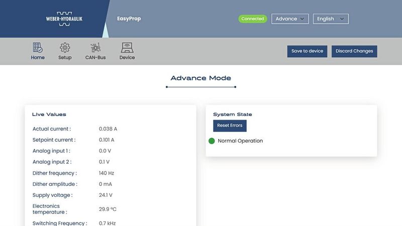 Mit dem drahtlosen WLAN-Interface ist die einfache Parametrierung und Diagnose möglich. (Bild: Weber-Hydraulik)