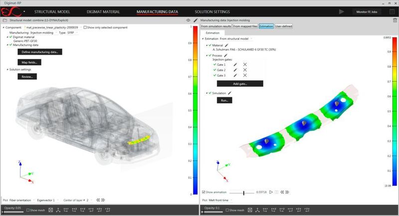 Mit der Version 2019.0 von Digimat sollen realitätsgetreue Crashberechnungen mit faserverstärkten Kunststoffteilen einfacher werden und dadurch für einen breiteren Anwenderkreis möglich.  (E-Xstream Engineering)