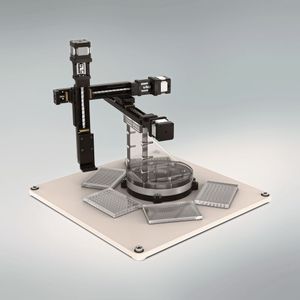 Bild 3: Beispielhafte Installation: Kombination von drei Monocarrier-Linearaktuatoren für das Probenhandling auf Mikrotiterplatten.(Bild:  NSK)