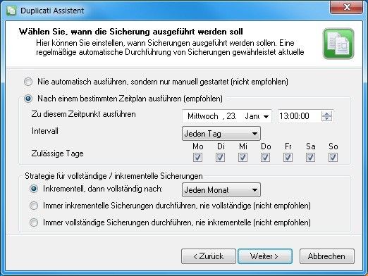Wenn sich Ihre Dateien oft ändern, dann sollten Sie die Sicherung jeden Tag vornehmen. Als Zeitraum bietet sich beispielsweise die Mittagspause an. Lassen Sie die anderen Optionen, wie sie sind. (Bild: Archiv)