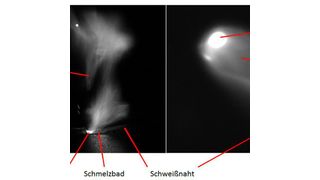 Während das rechte Bild den austretenden Laserstrahl darstellt, ist auf der linken Aufnahme zu sehen, wie die Metalldampfwolke bei Messsignalen zu Störeffekten führen kann. (ZeMA)
