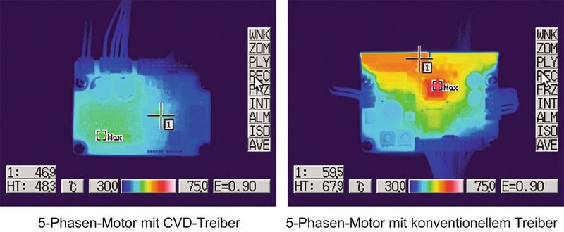 Im Thermografie-Bild zeigt sich die deutlich niedrigere Wärmeentwicklung durch die neuen CVD-Treiber von Oriental Motor.  (Bild: Oriental Motor (Europa) GmbH)