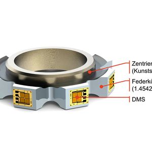 Bild 2: Der segmentierte Kraftsensor besteht aus drei Hauptkomponenten: Einem Zentrierring, einem Federkörper und dem Dehnungsmessstreifen.