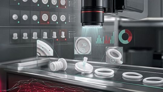Industrielles Bildverarbeitungssystem prüft weiße Reinigungsgüter wie Stopfen, Filter und Dichtungen auf Partikel, Rückstände und Strukturabweichungen.(Bild:  Octum GmbH)