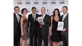 Übergabe der Top-100-Auszeichnung durch Mentor Ranga Yogeshwar am 22. Juni 2012: Daniel Huber, Beatrice Geiler, Ranga Yogeshwar, Peter Huber, Bärbel Huber, Joachim Huber (von links nach rechts). (Bild: Peter Huber Kältemaschinenbau)