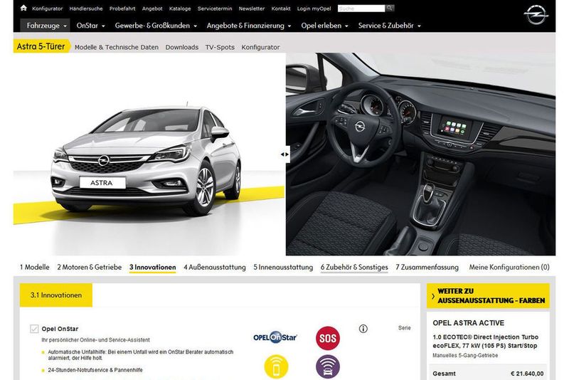 Platz 7: Opel. Bei den Rüsselsheimern geht es dagegen klar und sachlich zu. Unverständlich ist allerdings, warum Interessenten den Basismotor manuell auswählen müssen. Auf einen Live-Chat verzichtet Opel, dafür können Kunden einen Online-Code mit zu ihrem Händler nehmen, der dann direkt auf die Wunschkonfiguration zugreifen kann. (Screenshot Opel)