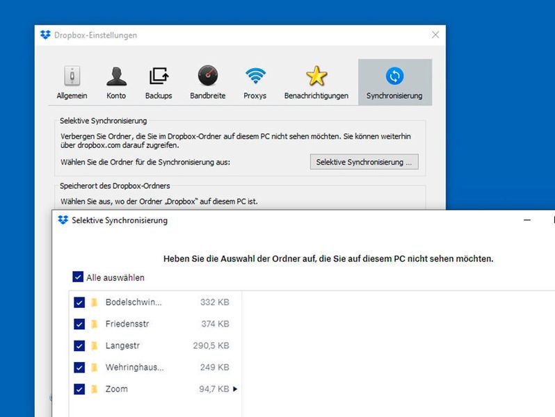 Festlegen der Synchronisierungsoptionen von Dropbox. (Dropbox/Joos)