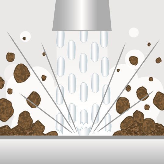 Dry ice cleaning operating principle: Step 3. (Cold Jet)