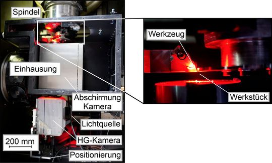 Bild 2: Der experimentelle Aufbau mit integrierter Hochgeschwindigkeitskamera für das Drehen von Titan ohne Sauerstoff im Arbeitsraum der Maschine.(Bild:  IFW)