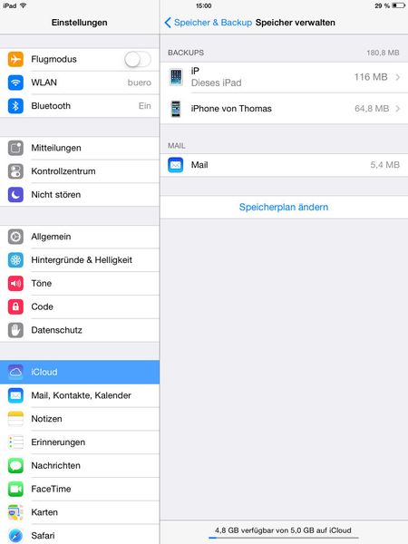 Der Speicher im entsprechenden iCloud-Konto wird zwischen allen  Geräten des Kontos geteilt. Die genauen Daten sind über Einstellungen\iCloud\\Speicher&Backup\Speicher verwalten. (Bild: Joos)