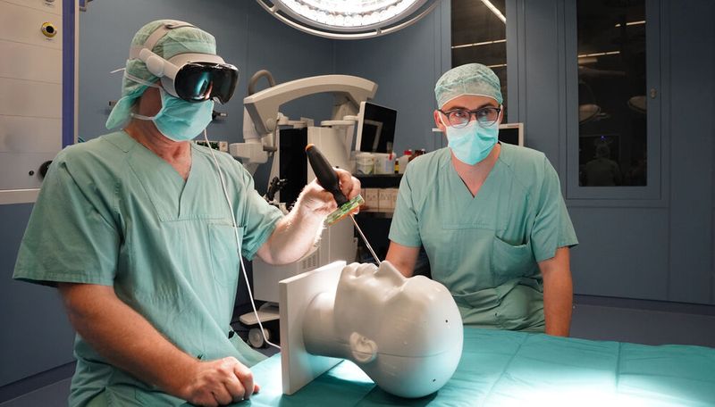Spatial Computing Navigation in der Neurochirurgie: Der operierende Arzt kann sein Instrument mithilfe der Datenbrille visualisieren und durch reale und virtuelle Informationen führen.  (Bild: © Fraunhofer IWU)