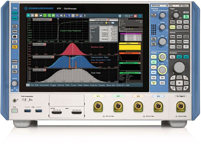 Jitter-Analyse: Die Oszilloskope R&S RTO und R&S RTP (im Bild) zusammen mit der Option Advanced Jitter Anaysis (R&S K133) helfen bei der Charakterisierung und Fehlersuche an DUTs mit schnellen Datenschnittstellen oder kurzen Testsignalen. (Bild: Rohde & Schwarz)