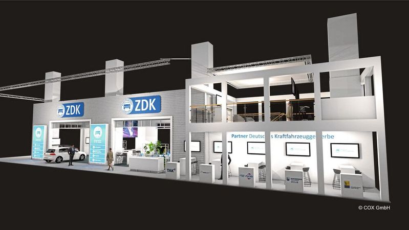 Visualisierung des ZDK-Stands in Halle 9: offen zu allen Seiten und viele Infos auf zwei Etagen.(Bild:  ZDK)