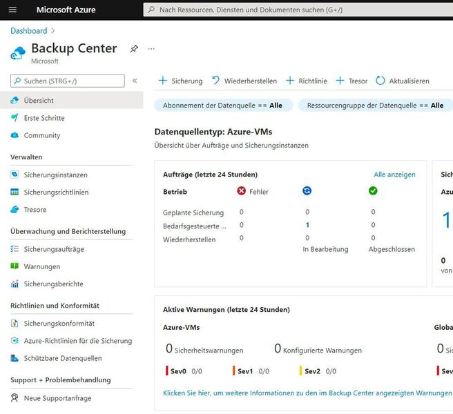 Auf der linken Seite sind im Backup Center die verschiedenen Optionen zur Steuerung von Azure Backup zu finden. (Joos/Microsoft (Screenshot))
