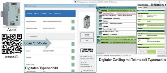 Bild 3: Digitaler Zwilling und papierlose Datenwirtschaft in der Industrie am Beispiel Netzteil. Als Asset fungiert das Netzteil. Die Identifizierung erfolgt über einen QR-Code auf der Front des Produkts. Das Scannen leitet den Nutzer direkt zu dem digitalen Zwilling.(Bild:  Phoenix Contact)