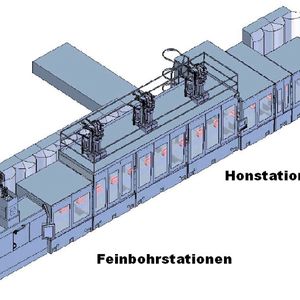 Bild 2: Die Borehone-Anlage, hier in Transferbauweise, integriert das Bohren und Honen bei der Finishbear-
beitung von Zylinder-
bohrungen. 