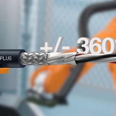 Neue DeviceNet-Leitung Cfrobot8.Plus.030 von igus ermöglicht zuverlässige Datenübertragung bei Torsionsbewegungen bis ±360°/m in hochdynamischen Robotikanwendungen. (Bild: igus SE & Co. KG)
