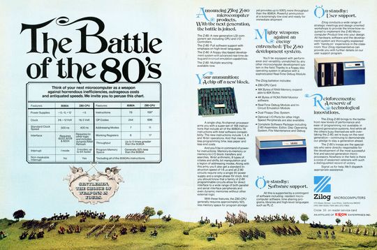 Kampfansage: Als der Zilog Z80 angekündigt wurde (hier in einer Zeitschriftenwerbung aus dem Mai 1976), wurde er gezielt als direkter Konkurrent zum Intel 8080 platziert. Federico Faggin und Matsushita Shima, die gemeinsam die ersten Intel-Prozessoren erst möglich gemacht hatten, waren unzufrieden mit der nachlässigen Art, mit der ihre ehemaligen Bosse das brandneue CPU-Geschäft behandelten. Sie gründeten die Firma Zilog mit der Absicht, all die Verbesserungen in Prozessoren anzubieten, die Intel nicht für nötig erachtete.(Bild:   / CC0)