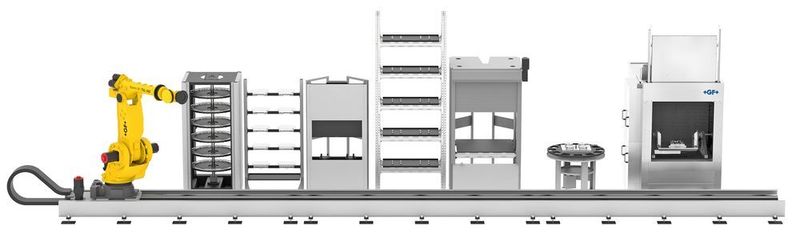 Auf der EMO wurde die Lösung von einer System-3R-Transformer-Automationslösung einschliesslich eines sechsachsigen Fanuc-Roboters unterstützt. (GF Machining Solutions)