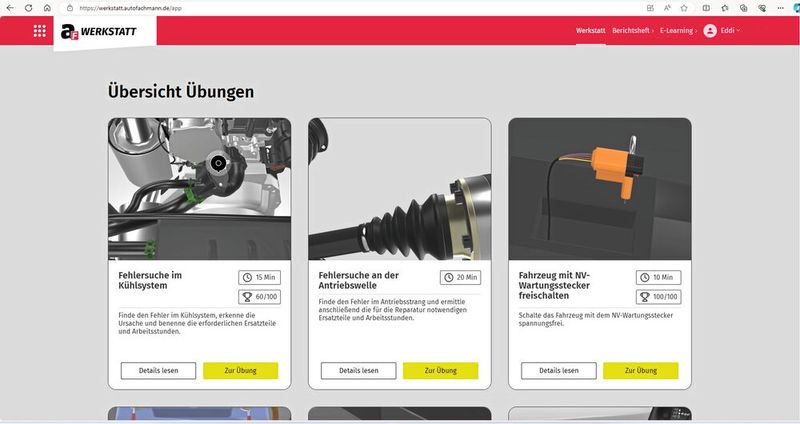 In der virtuellen Werkstatt von Autofachmann können Azubis verschiedene Arbeitsaufträge realitätsnah bearbeiten. (Bild: autoFACHMANN)