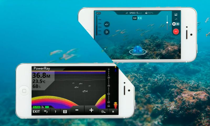 PowerRay-Roboter: Die Kamera der Tauchdrohne zeigt dem Angler auf dem Boot via Smartphone-App die Unterwasserwelt und liefert ihm zudem wertvolle Informationen (Bild: PowerVision Robot)