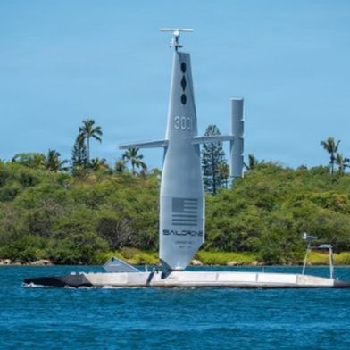 Saildrone Surveyor class unmanned surface vessel integrated with JAGM dual launcher. (Source: Lockheed Martin)