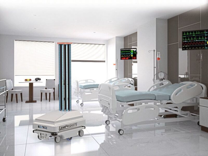 Die fahrbaren Plattformen von MiR bewegen sich autonom und desinfizieren mithilfe spezieller Aufsatzmodule Krankenhäuser oder Flughäfen. (BeFree / MiR)