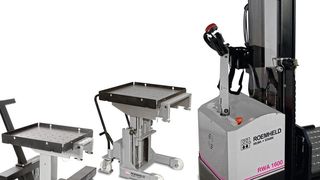 Three ROEMHELD models serve four weight categories: The die changing carts up to 500 kg (on the left) and 1,000 kg (at the centre) can be moved manually or by using an optional auxiliary drive. The lifting carriage (on the right) for very heavy dies is available with a carrying capacity of up to 1,600 kg. It is completely controlled via the multi-functional shaft. (Roemheld)