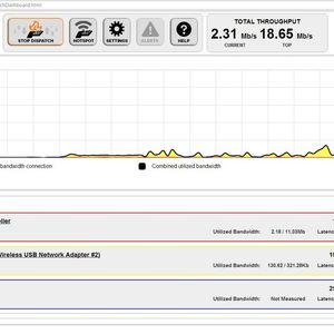 Das Dashboard stellt Netzwerkadapter und Bandbreite übersichtlich dar. Hier zu sehen ist auch der im Text erwähnte, nahezu identische Verlauf des Datenverkehrs über WLAN und LAN. (Abb. 1)