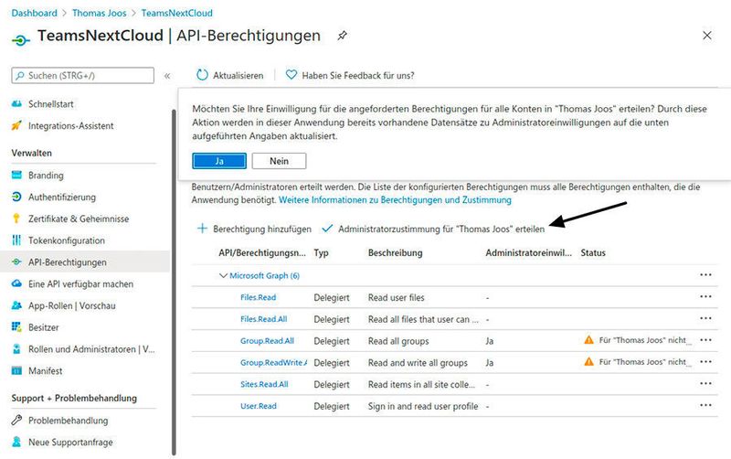 Konfigurieren der einzelnen Rechte zwischen Nextcloud und Teams. (Joos)