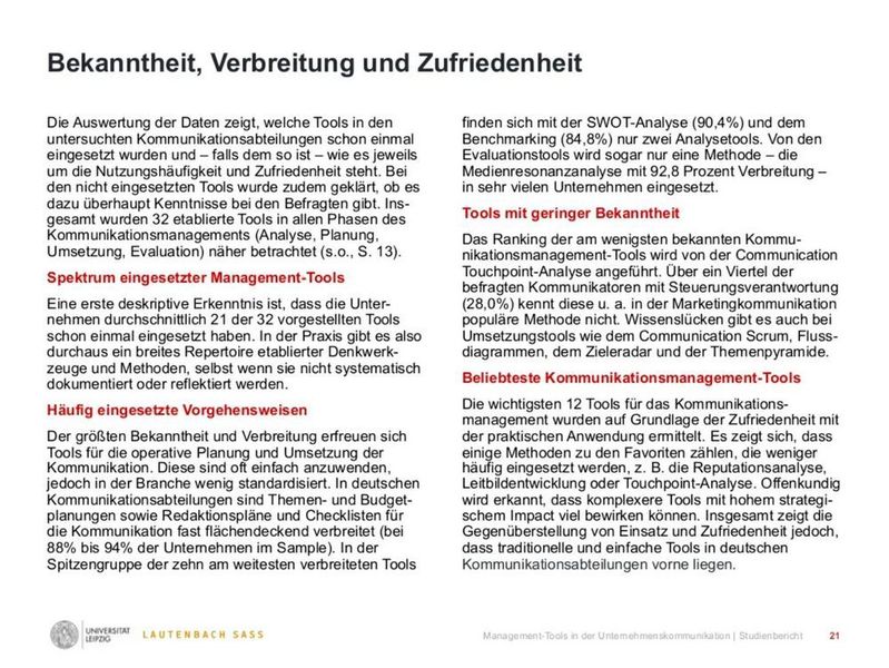 Management-Tools für die Unternehmenskommunikation – Bedeutung, Nutzung und Erfahrungen (Zerfaß, Volk, Lautenbach und Jakubowitz 2018 (University of Leipzig - Department Communication Management))