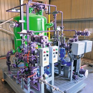 Compact, connection-ready metering system for precise metering of sodium hypochlorite. The system is equipped with motor driven process metering pumps, solenoid diaphragm pumps, controllers and compete piping.