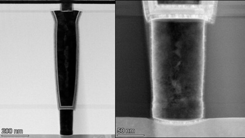 Bild links: vertikale 3D-FeFET-Speicherstruktur mit gestapelten Zell-/Wortleitungsbereichen der neuartigen Transistoren. Bild rechts: REM-Nahaufnahme einer nanoskaligen ferroelektrischen Speicherzelle oder Kondensatorstruktur. Die vom Imec vorgestellten verbesserten FeRAM-Technologien sollen niedrigere Betriebsspannungen durch optimierte ferroelektrische Schichten und höhere Speicherdichte durch vertikale 3D-Integration ermöglichen.(Bild:  Imec)