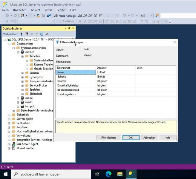Objekte im SQL Server Management Studio filtern. (Joos)