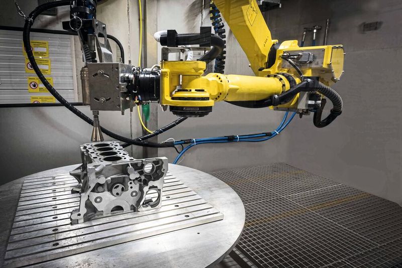 Robotergestütztes Hochdruckwasserstrahlentgraten für das gezielte Entgraten und Reinigen komplexer Bauteile mit Bohrungen, Kanälen und Funktionsbereichen.(Bild:  BvL Oberflächentechnik GmbH)