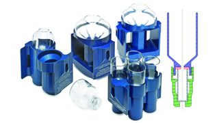 1 Auswahl von Sample-Genie-Systemen und Längsschnittzeichnung (rechts, Legende: violett: Trichter; rot: Dichtung; hellblau: Ampulle; grün: Adapter) (Bilder: Genevac) (Archiv: Vogel Business Media)