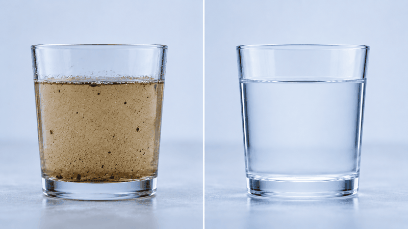 Der Vorher - Nachher Effekt. Glasklares Kühlwasser bei Einsatz des ONI-AquaClean (Bild:  ONI)