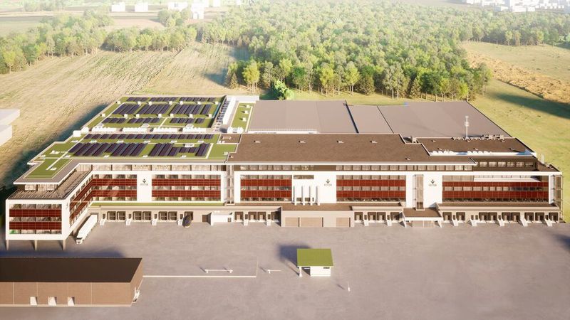 Entwurf der finalen Ausbaustufe des Gebäudes. Der linke Abschnitt illustriert den neuen Anbau.(Bild:  Vetter Pharma International)