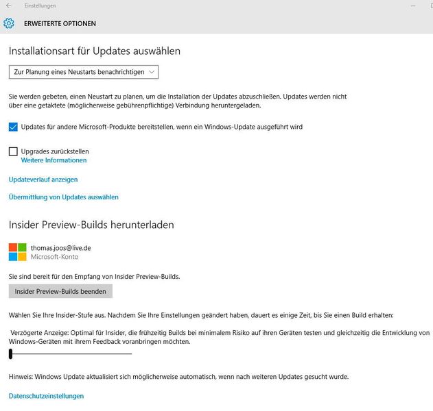 In den Windows-Update-Einstellungen können Administratoren festlegen, dass Insider Previews von Windows 10 heruntergeladen und installiert werden. (Bild: VIT)