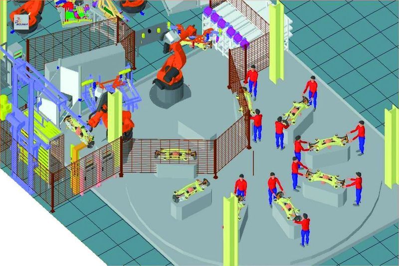 Bild 1: Am Ende des automatisierten Prozesses Wird die Hinterachse an einer Drehscheibe manuell komplettiert. Bild: Mercedes-Benz (Archiv: Vogel Business Media)