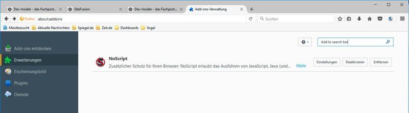 Im Reiter „Erweiterungen“ sucht man nun nach dem Add-on „Add to search bar“ ... (VIT / Firefox)