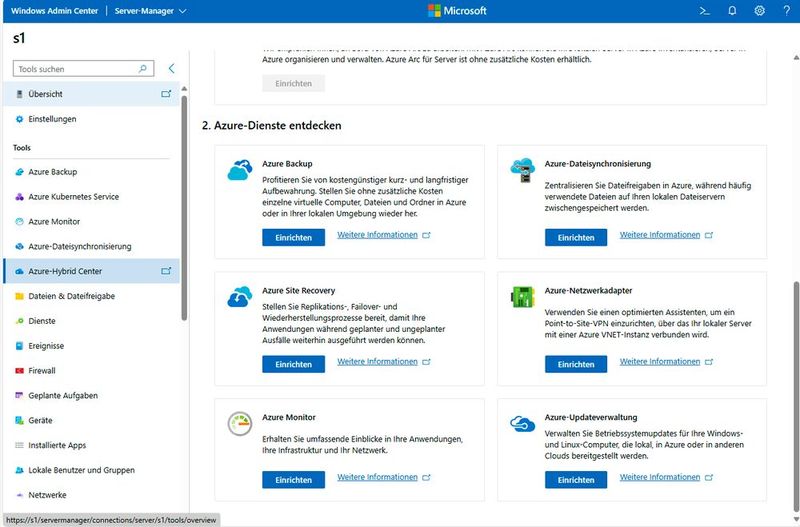 Im Windows Admin Center lassen sich Azure-Dienst an das lokale Rechenzentrum anbinden und Azure-VMs erstellen.  (Bild: Joos | Microsoft)